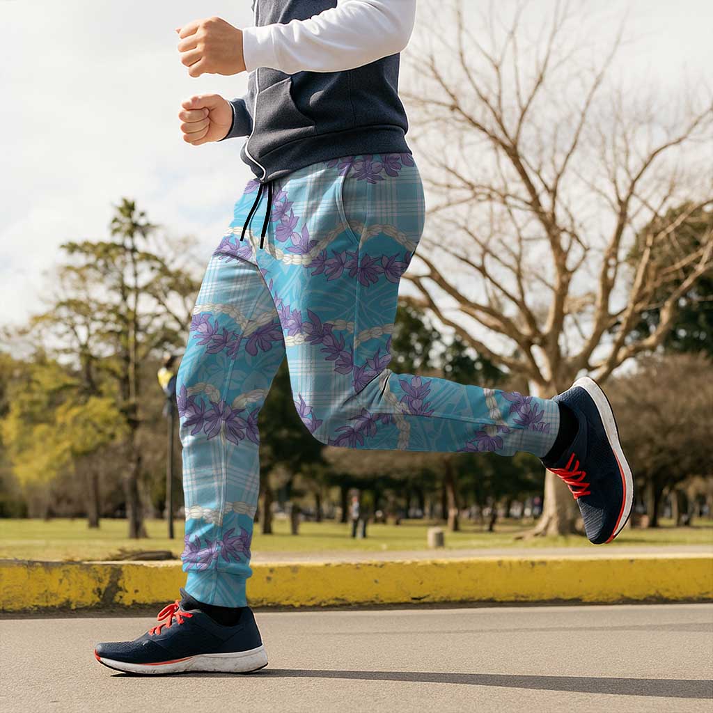 Blue Hawaii Palaka Honohono Pikake Jogger Pants Hawaiian Orchid Lei Polynesian Pattern - Polynesian Pride