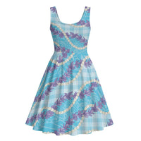 Blue Hawaii Palaka Honohono Pikake Midi Dress Hawaiian Orchid Lei Polynesian Pattern - Polynesian Pride