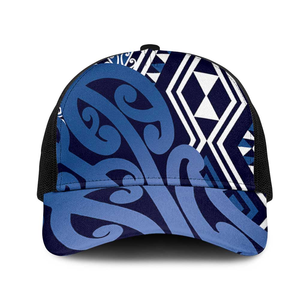 Blue New Zealand Baseball Net Cap Aotearoa Kowhaiwhai Mix Taniko Art - Polynesian Pride