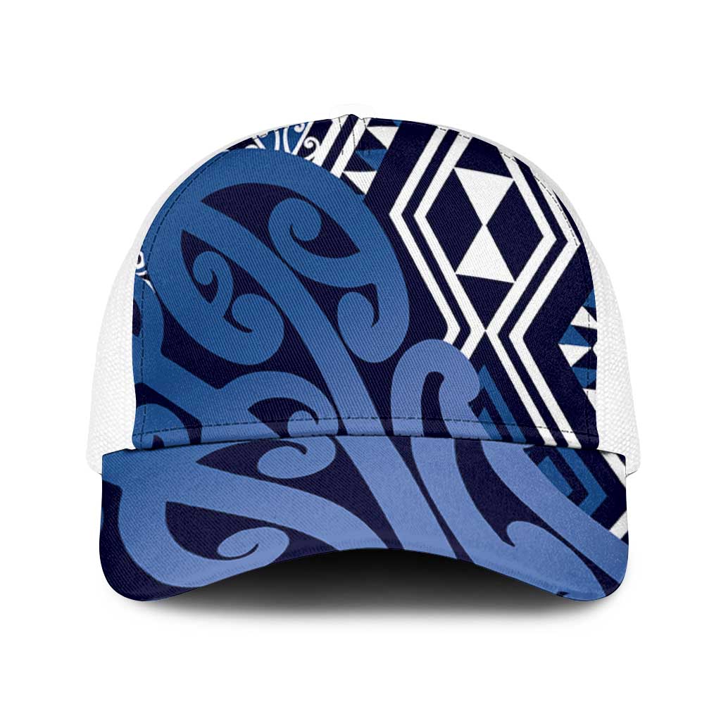 Blue New Zealand Baseball Net Cap Aotearoa Kowhaiwhai Mix Taniko Art - Polynesian Pride