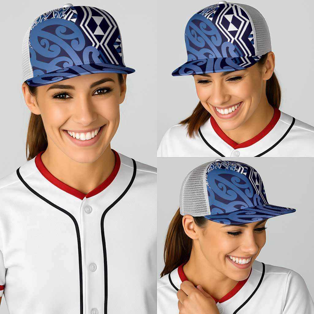 Blue New Zealand Baseball Net Cap Aotearoa Kowhaiwhai Mix Taniko Art - Polynesian Pride