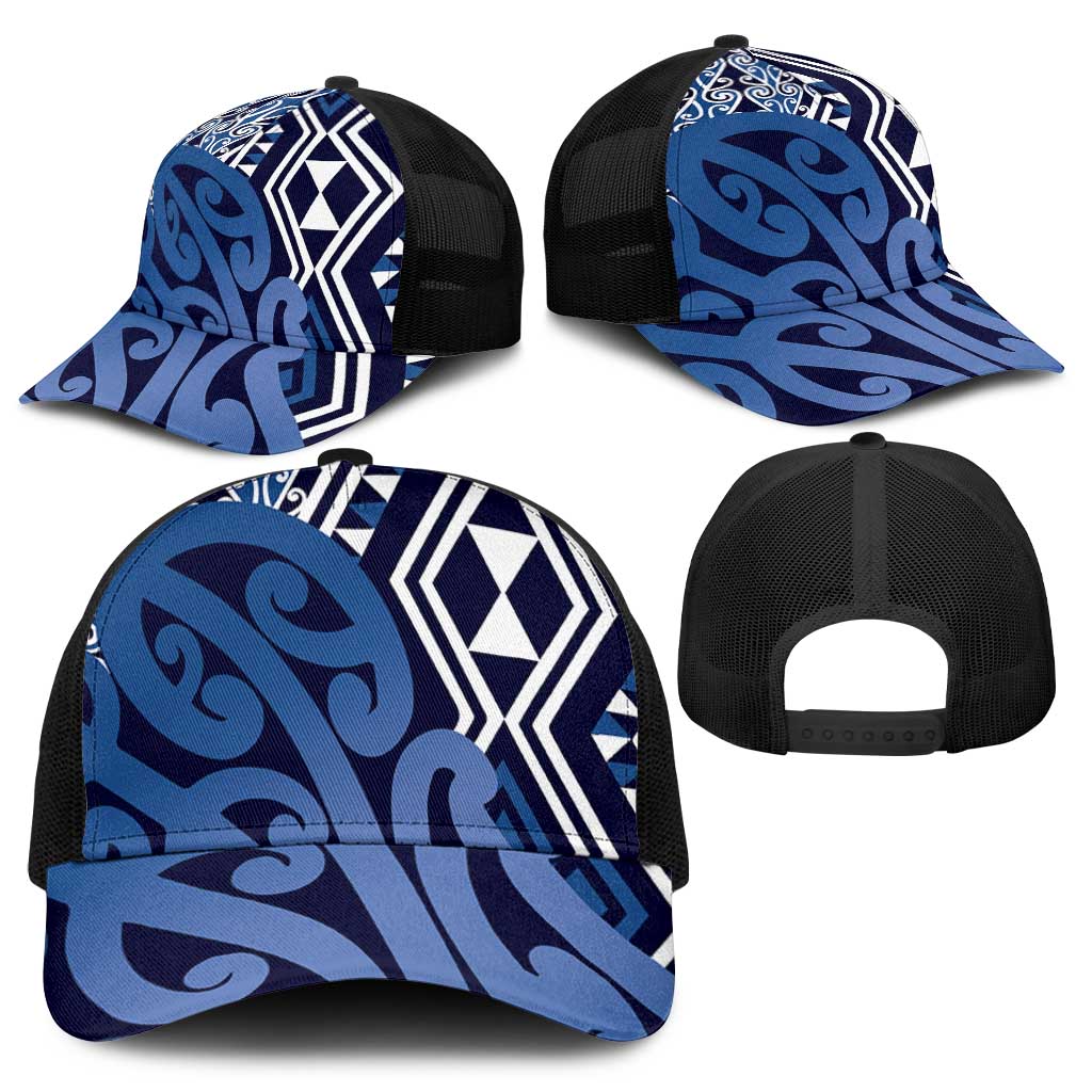 Blue New Zealand Mesh Trucker Cap Aotearoa Kowhaiwhai Mix Taniko Art - Polynesian Pride