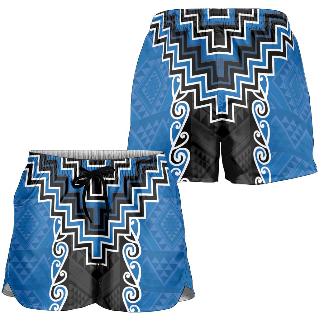 Blue Niho Taniwha Mix Poutama Shorts for Women Unique Taniko Aotearoa - Polynesian Pride