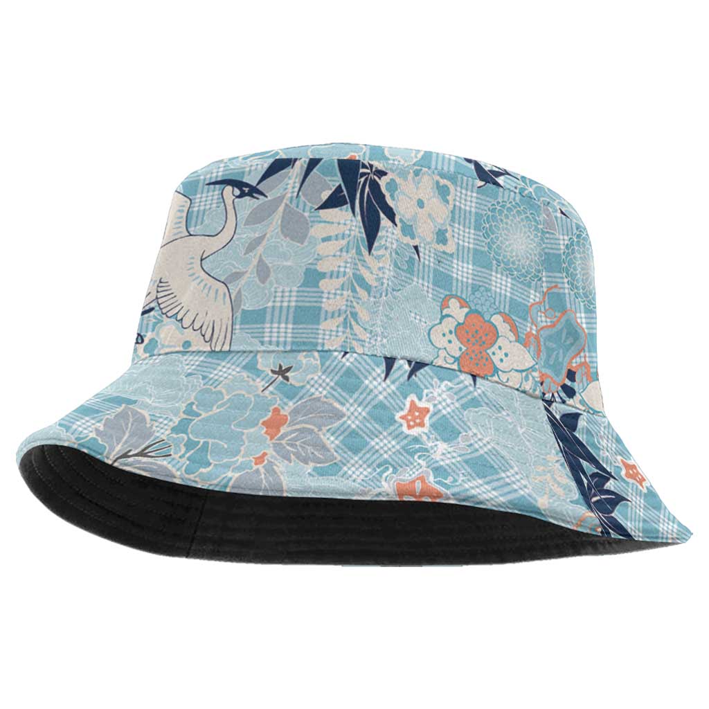 Blue Palaka Crane and Flowers Bucket Hat Japan Heritage Spirit - Polynesian Pride