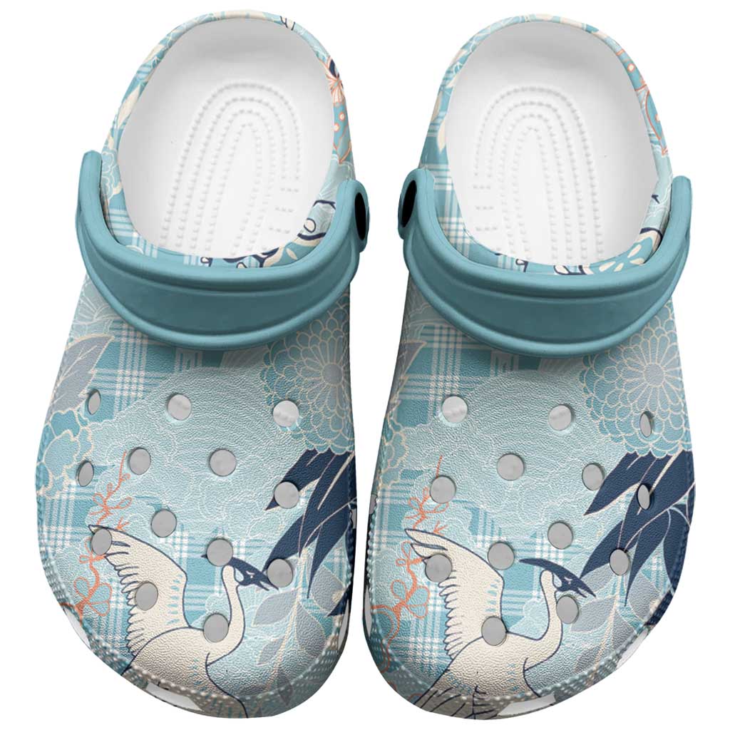 Blue Palaka Crane and Flowers Clogs Shoes Japan Heritage Spirit - Polynesian Pride