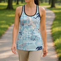 Blue Palaka Crane and Flowers Hollow Tank Top Japan Heritage Spirit - Polynesian Pride