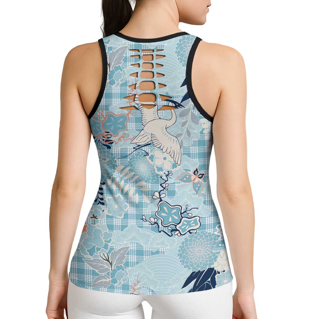 Blue Palaka Crane and Flowers Hollow Tank Top Japan Heritage Spirit - Polynesian Pride