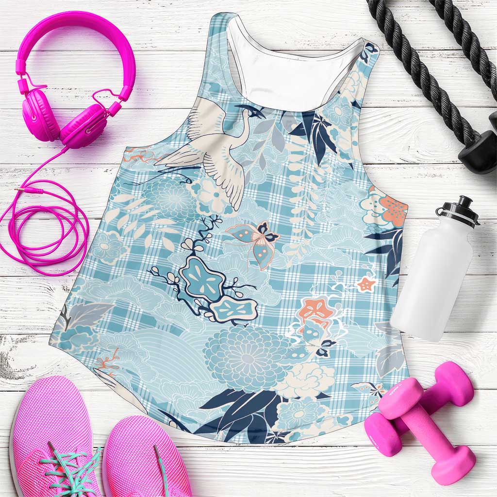 Blue Palaka Crane and Flowers Women Racerback Tank Japan Heritage Spirit - Polynesian Pride