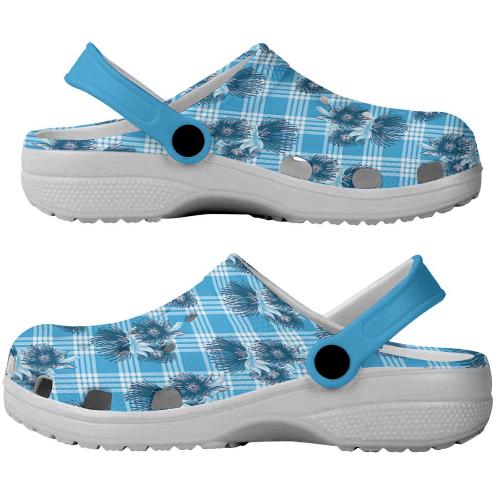 Blue Palaka Hawaii Clogs Shoes Hawaiian Lehua Blossoms