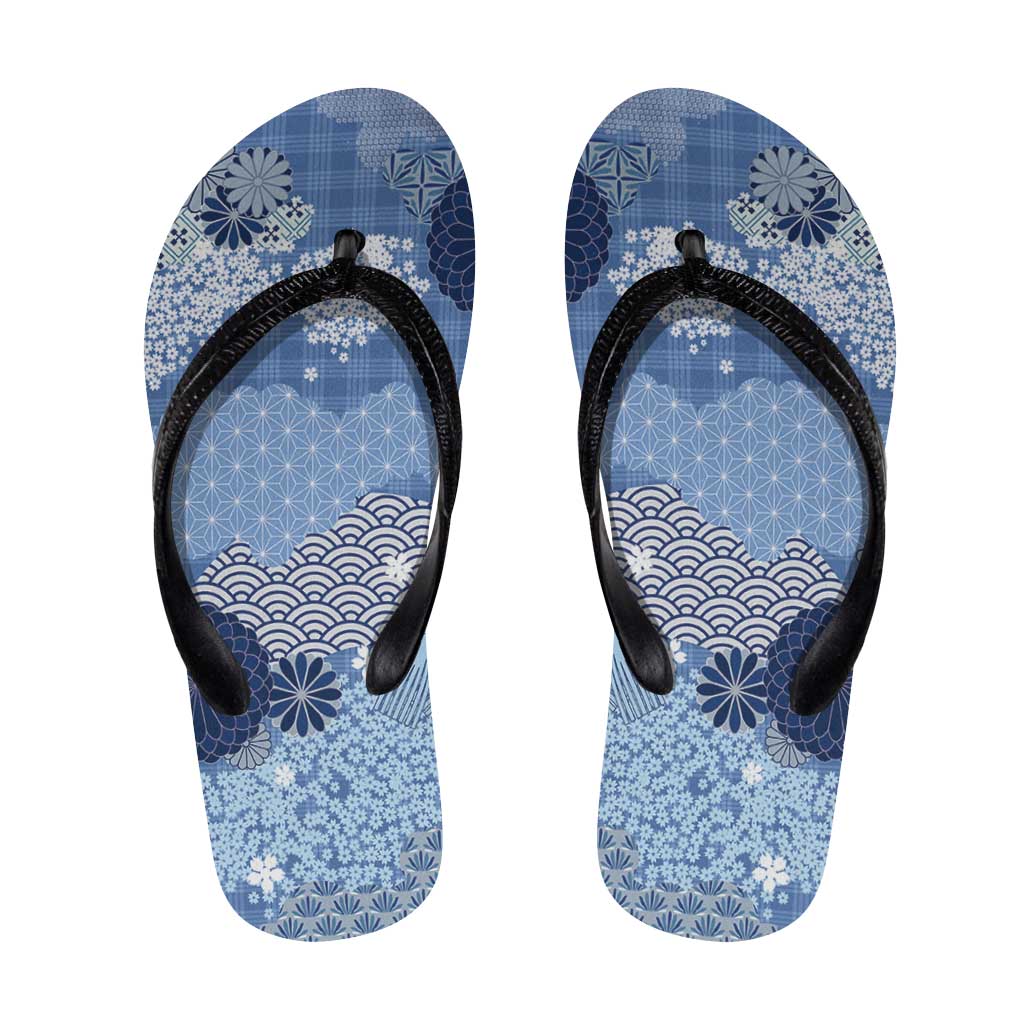 Blue Palaka Japanese Traditional Flip Flops Asanoha Seigaiha Sakura Motif - Polynesian Pride