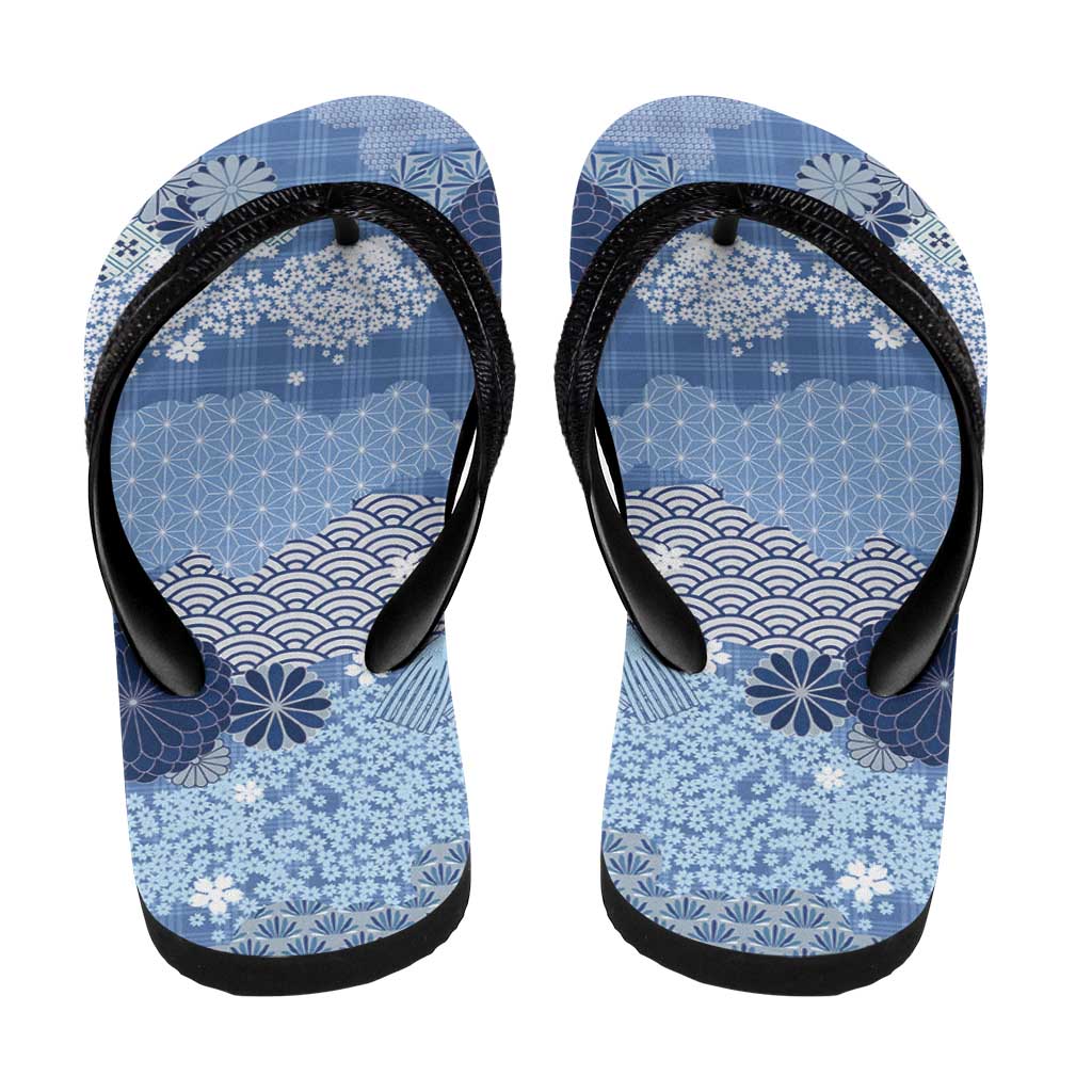 Blue Palaka Japanese Traditional Flip Flops Asanoha Seigaiha Sakura Motif - Polynesian Pride