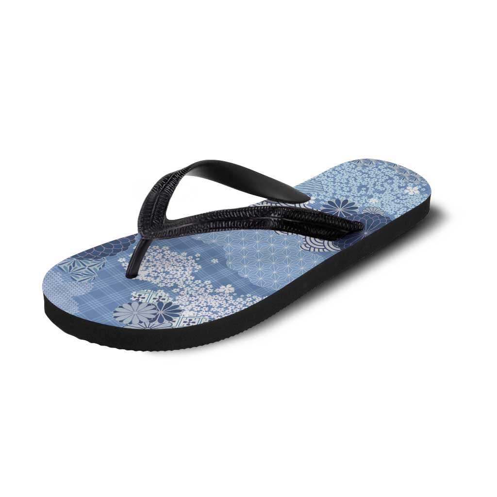 Blue Palaka Japanese Traditional Flip Flops Asanoha Seigaiha Sakura Motif - Polynesian Pride
