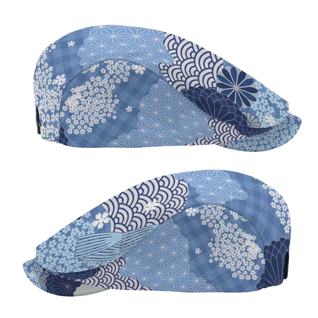 Blue Palaka Japanese Traditional Jeff Hat Asanoha Seigaiha Sakura Motif - Polynesian Pride