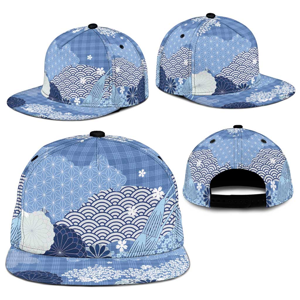 Blue Palaka Japanese Traditional Snapback Cap Asanoha Seigaiha Sakura Motif - Polynesian Pride