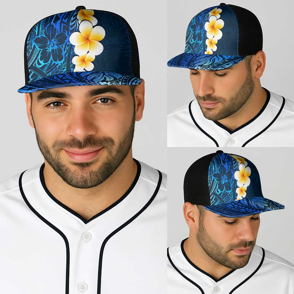 Blue Polynesia Baseball Net Cap Plumeria Tropical Leaves With Galaxy Polynesian Art - Polynesian Pride