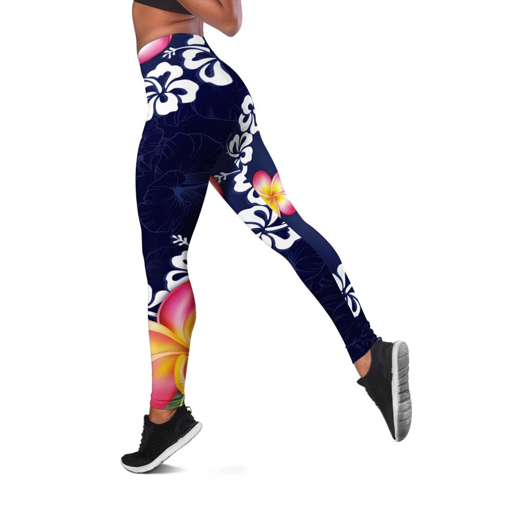 Blue Polynesia Leggings Plumeria With Hibiscus Pattern Tropical Vibes - Polynesian Pride