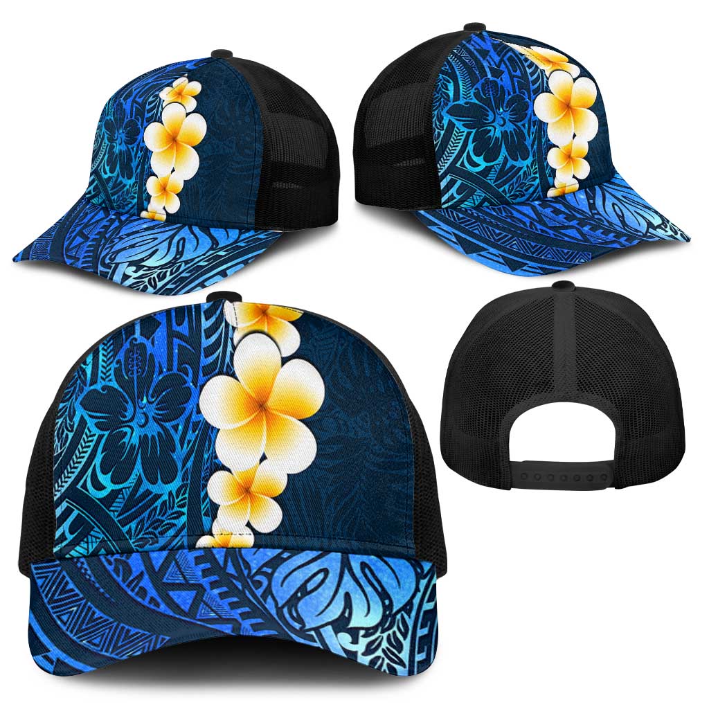 Blue Polynesia Mesh Trucker Cap Plumeria Tropical Leaves With Galaxy Polynesian Art - Polynesian Pride