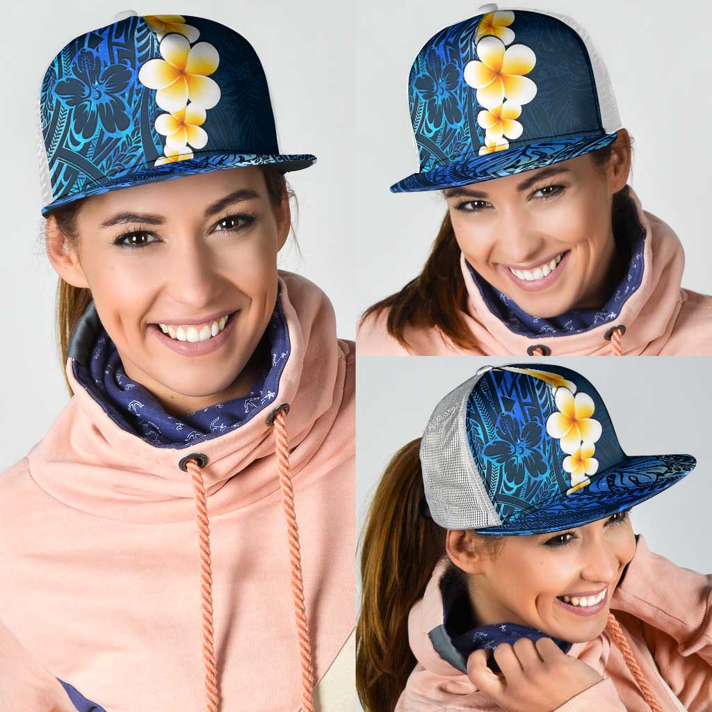 Blue Polynesia Mesh Trucker Cap Plumeria Tropical Leaves With Galaxy Polynesian Art - Polynesian Pride