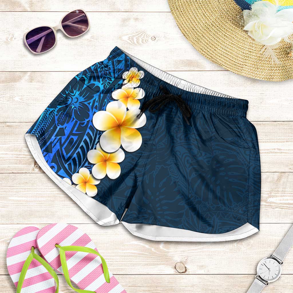 Blue Polynesia Shorts for Women Plumeria Tropical Leaves With Galaxy Polynesian Art LT14 Blue - Polynesian Pride