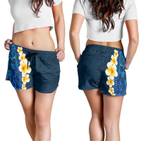 Blue Polynesia Shorts for Women Plumeria Tropical Leaves With Galaxy Polynesian Art - Polynesian Pride