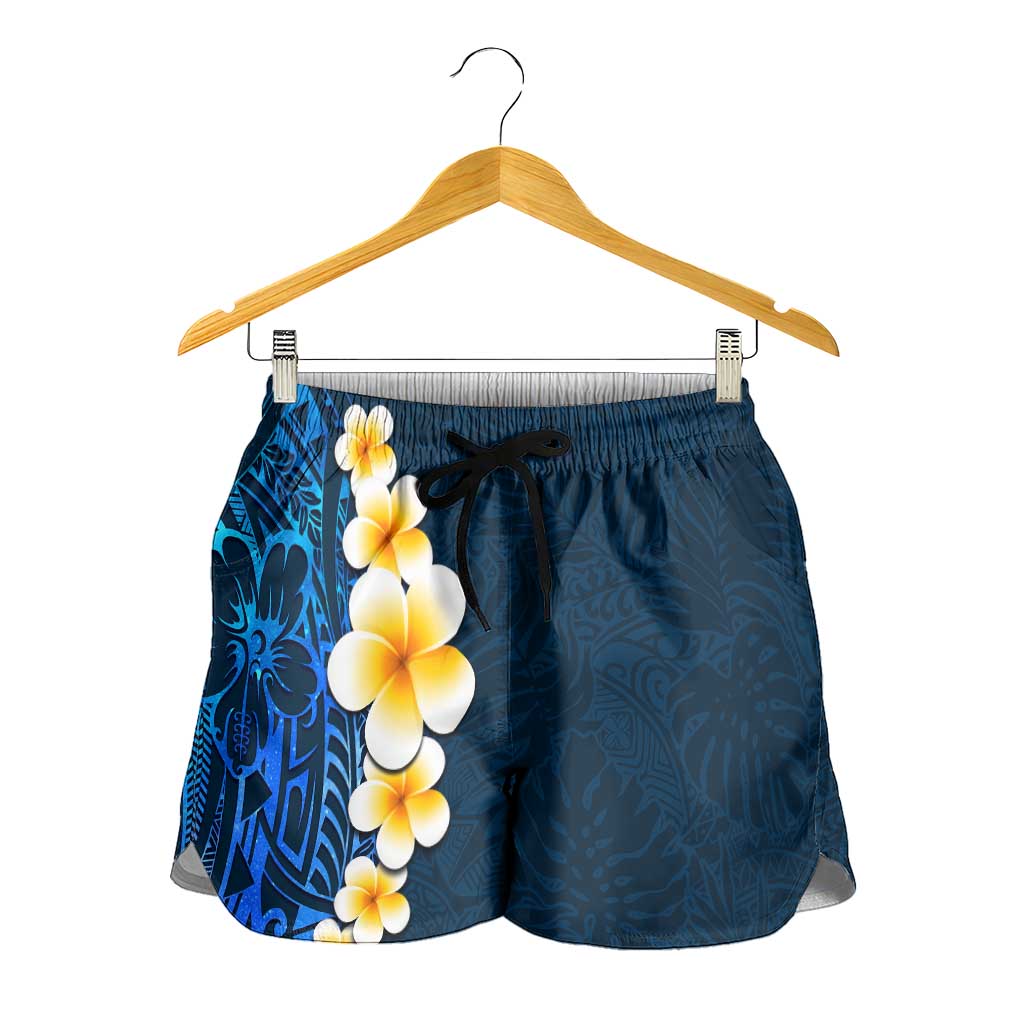 Blue Polynesia Shorts for Women Plumeria Tropical Leaves With Galaxy Polynesian Art - Polynesian Pride