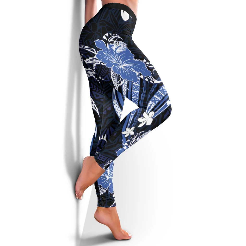 Blue Polynesian Pattern With Tropical Flowers Leggings - Polynesian Pride