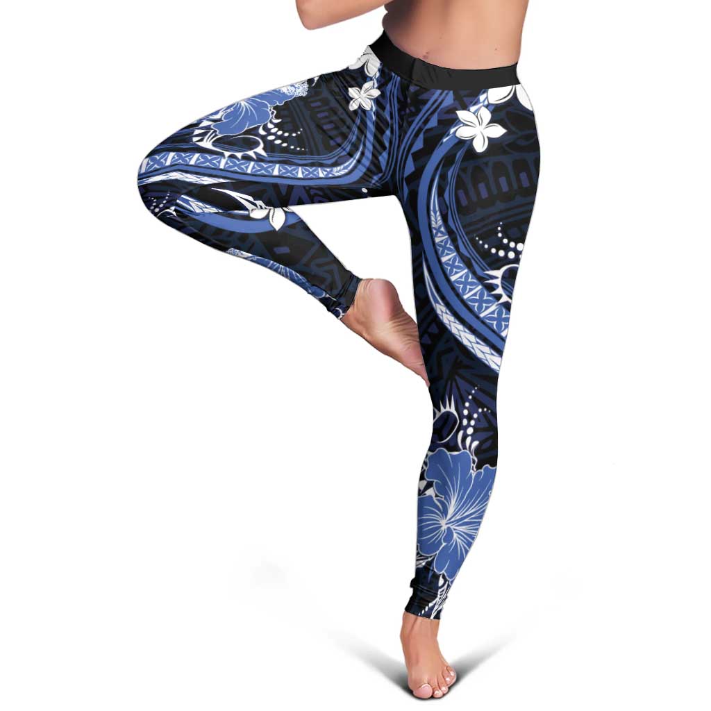 Blue Polynesian Pattern With Tropical Flowers Leggings - Polynesian Pride