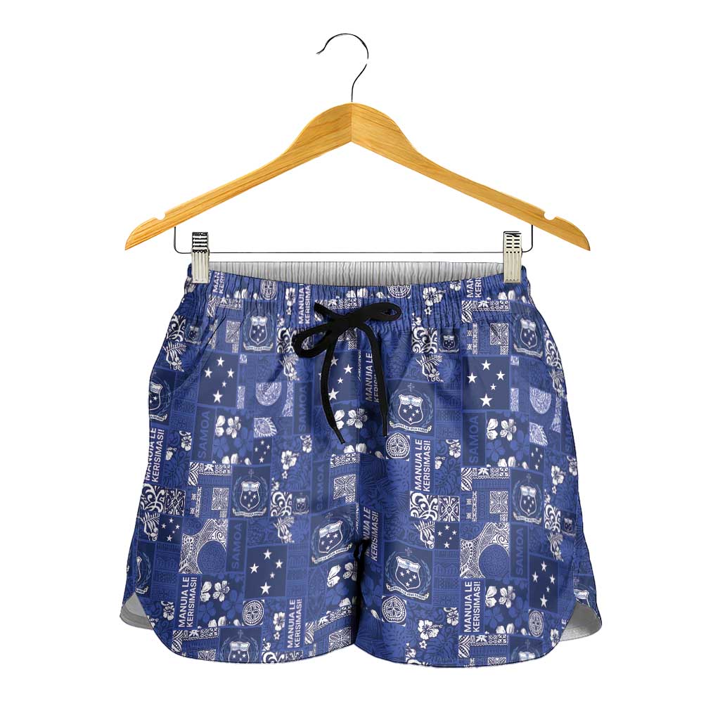 Blue Samoa Manuia Le Kerisimasi Shorts for Women Pacific Patchwork Xmas Vibes - Polynesian Pride
