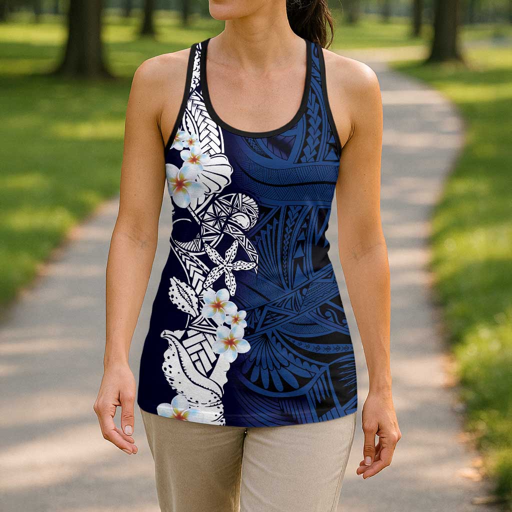 Blue Samoa Tattoo Hollow Tank Top Plumeria Samoan Ocean Tatau Pattern - Polynesian Pride