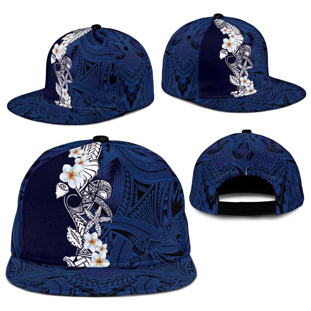 Blue Samoa Tattoo Snapback Cap Plumeria Samoan Ocean Tatau Pattern - Polynesian Pride
