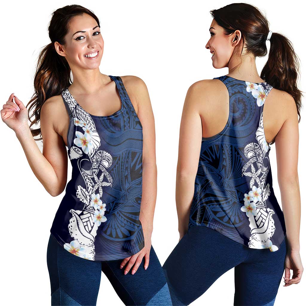 Blue Samoa Tattoo Women Racerback Tank Plumeria Samoan Ocean Tatau Pattern - Polynesian Pride