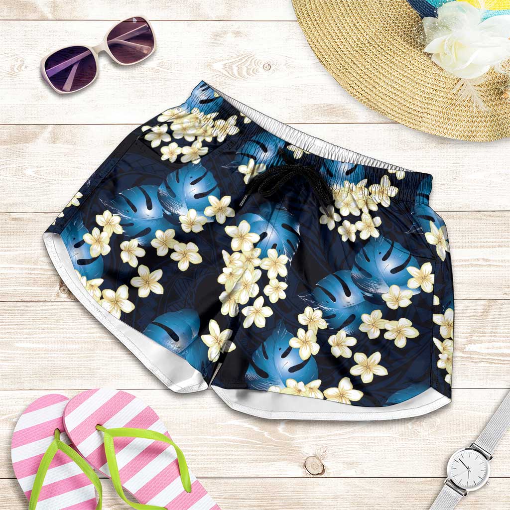 Blue Tropical Hawaii Shorts for Women Seamless Monstera Plumeria Hawaiian Pattern - Polynesian Pride