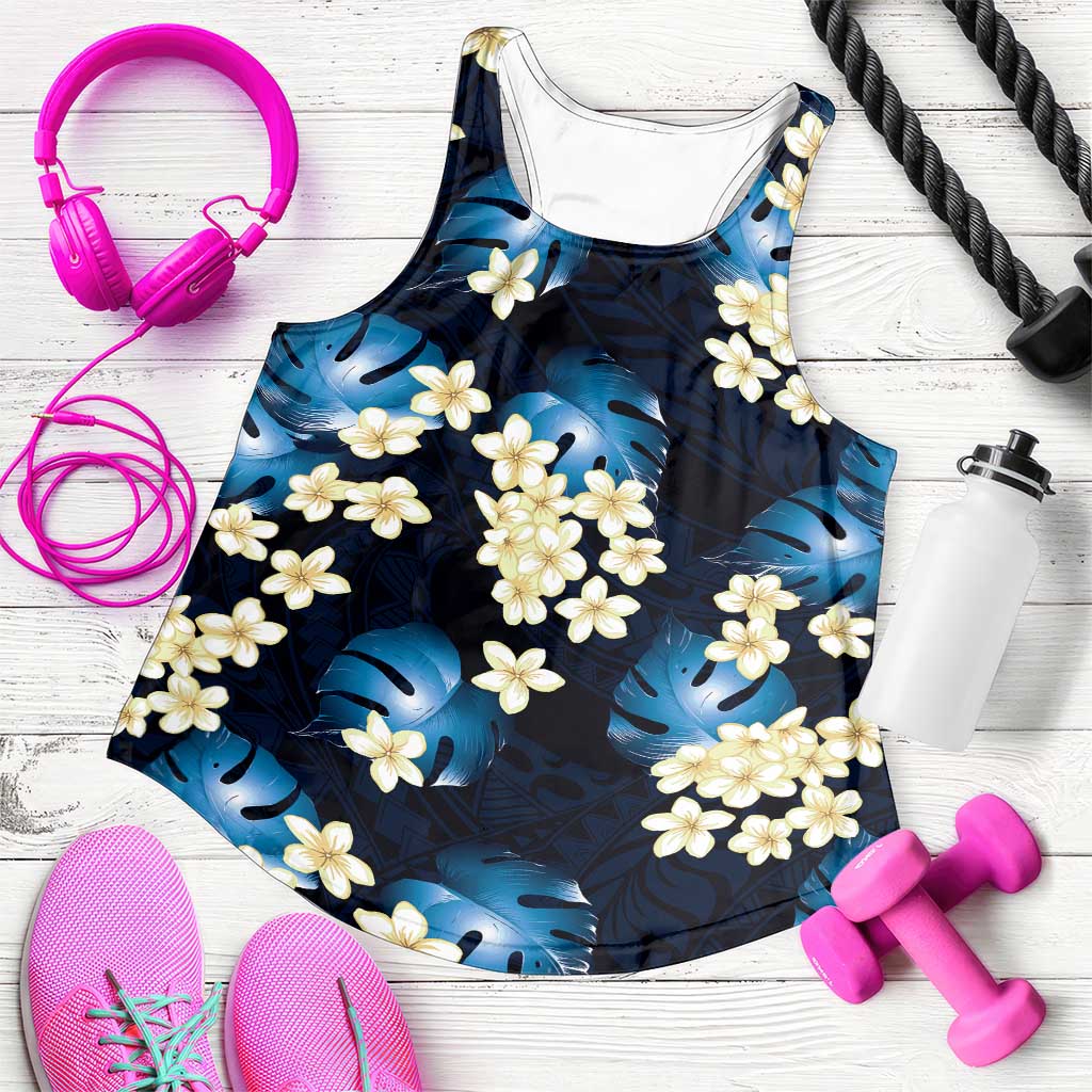 Blue Tropical Hawaii Women Racerback Tank Seamless Monstera Plumeria Hawaiian Pattern - Polynesian Pride