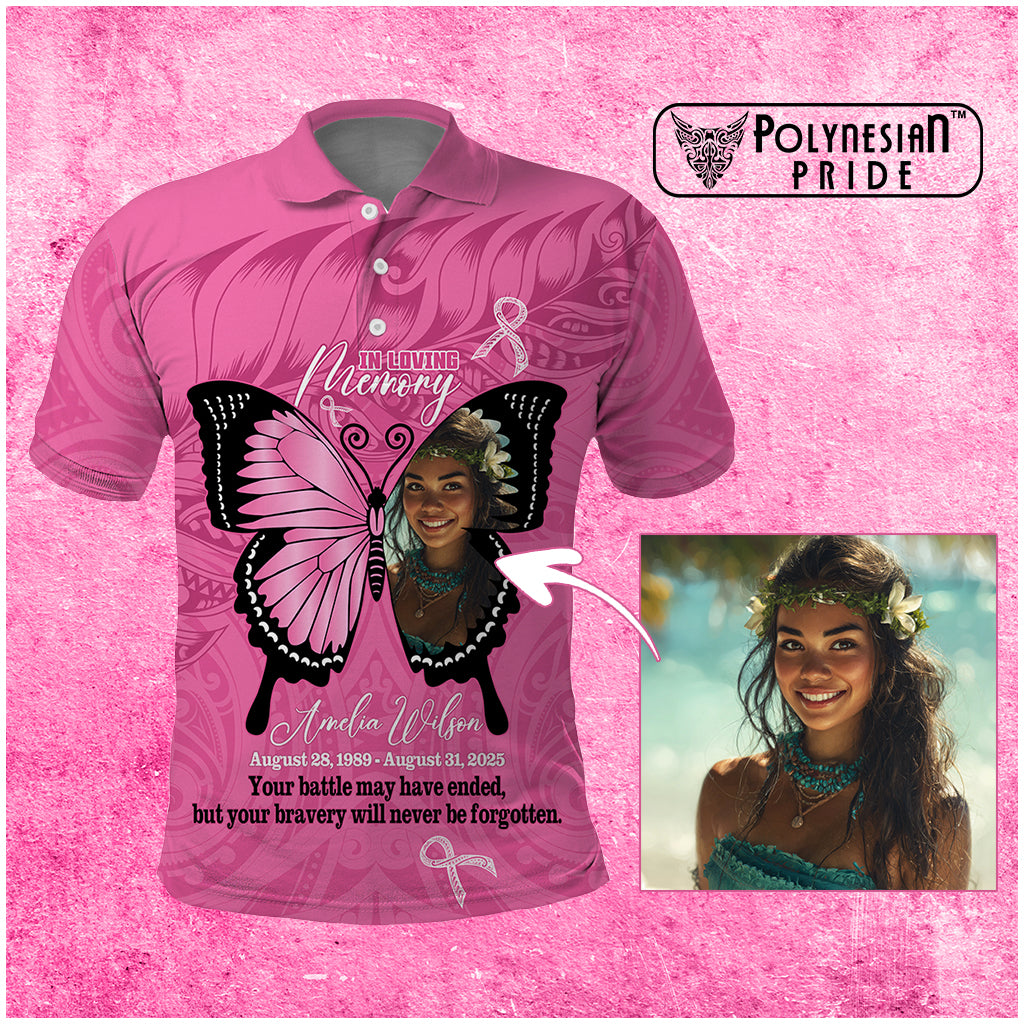 Custom Photo Breast Cancer Awareness Memorial Polo Shirt You Will Never Be Forgotten Polynesian Countries Pattern CTM14