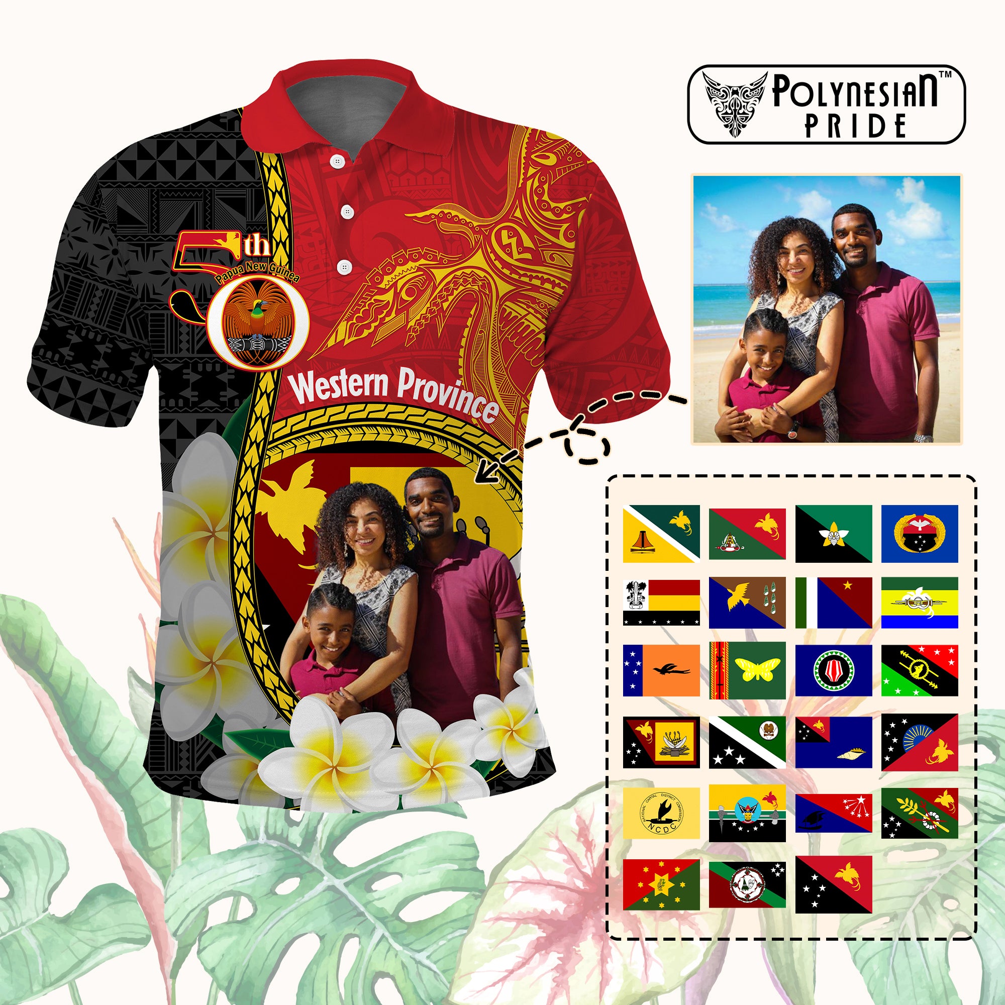 Personalized Custom Papua New Guinea Independence Polo Shirt Plumeria PNG Provinces Upload Image CTM14