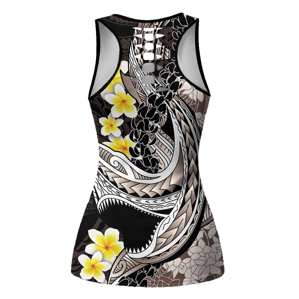 Brown and Black Hawaii Shark Tattoo Hollow Tank Top Puakenikeni Lei Plumeria Polynesian Pattern - Polynesian Pride