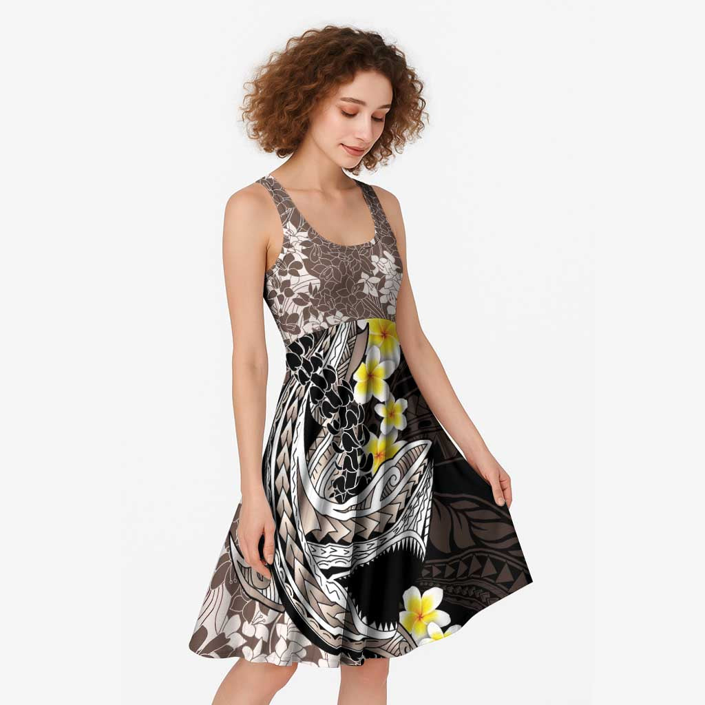 Brown and Black Hawaii Shark Tattoo Midi Dress Puakenikeni Lei Plumeria Polynesian Pattern - Polynesian Pride