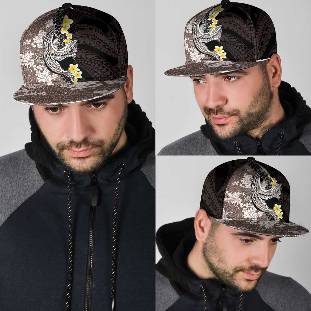 Brown and Black Hawaii Shark Tattoo Snapback Cap Puakenikeni Lei Plumeria Polynesian Pattern - Polynesian Pride