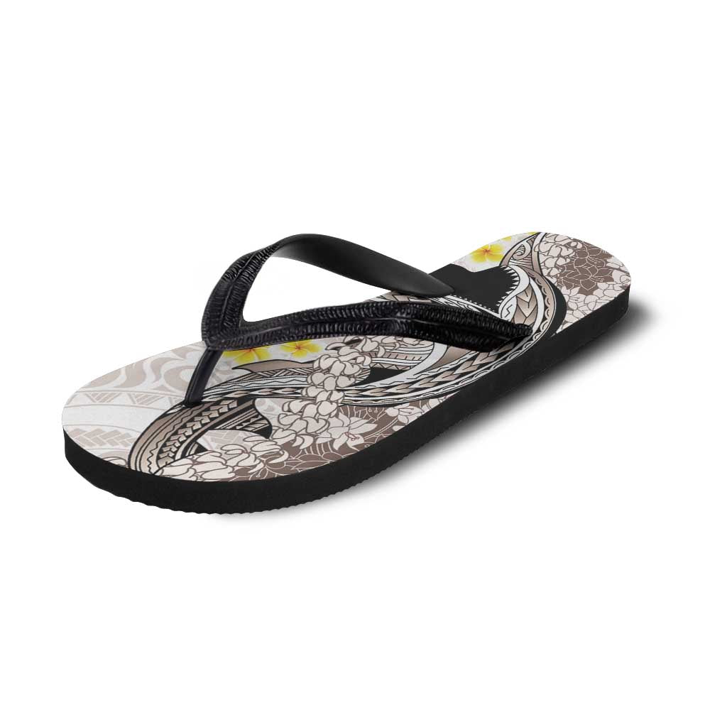 Brown and White Hawaii Shark Tattoo Flip Flops Puakenikeni Lei Plumeria Polynesian Pattern - Polynesian Pride
