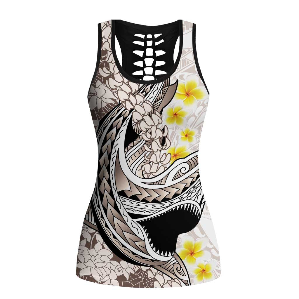 Brown and White Hawaii Shark Tattoo Hollow Tank Top Puakenikeni Lei Plumeria Polynesian Pattern - Polynesian Pride
