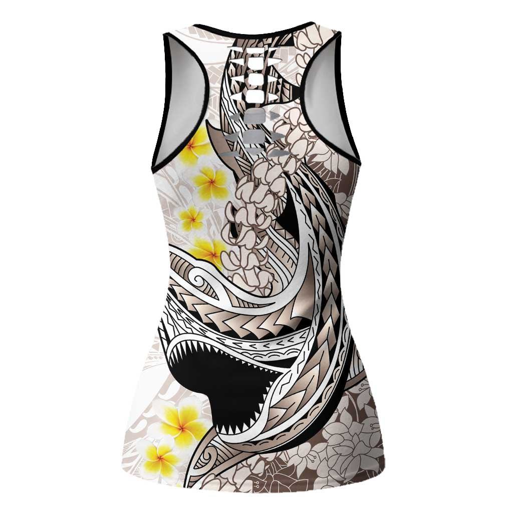 Brown and White Hawaii Shark Tattoo Hollow Tank Top Puakenikeni Lei Plumeria Polynesian Pattern - Polynesian Pride