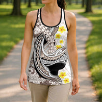 Brown and White Hawaii Shark Tattoo Hollow Tank Top Puakenikeni Lei Plumeria Polynesian Pattern - Polynesian Pride