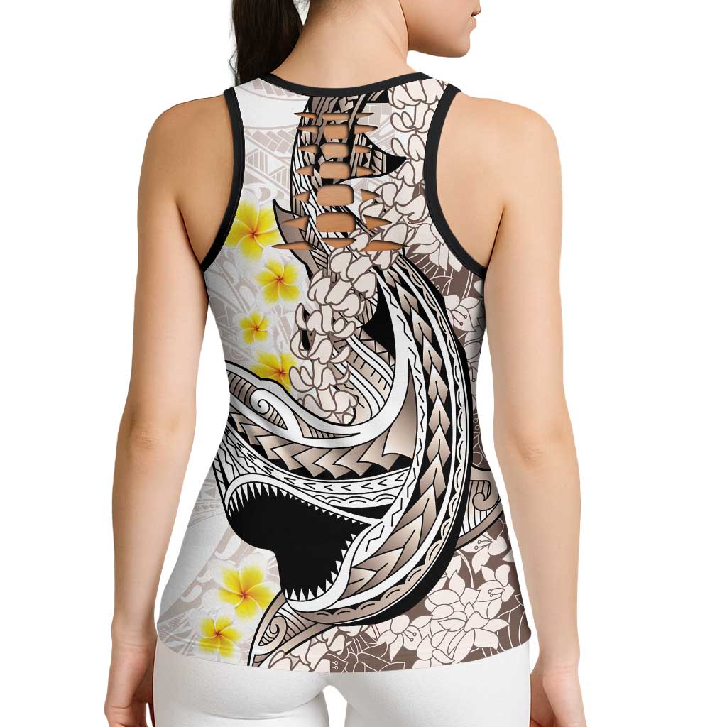 Brown and White Hawaii Shark Tattoo Hollow Tank Top Puakenikeni Lei Plumeria Polynesian Pattern - Polynesian Pride