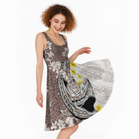 Brown and White Hawaii Shark Tattoo Midi Dress Puakenikeni Lei Plumeria Polynesian Pattern - Polynesian Pride