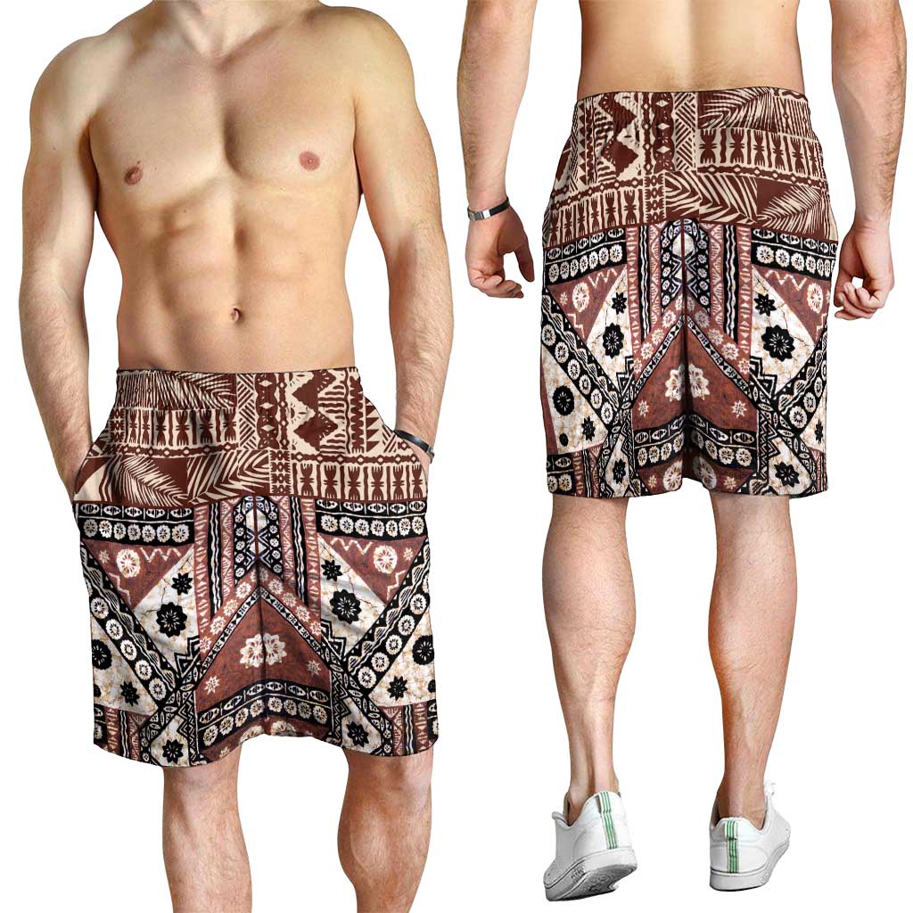 Brown Bula Fiji Shorts for Men Unique Masi Tapa Pattern - Polynesian Pride