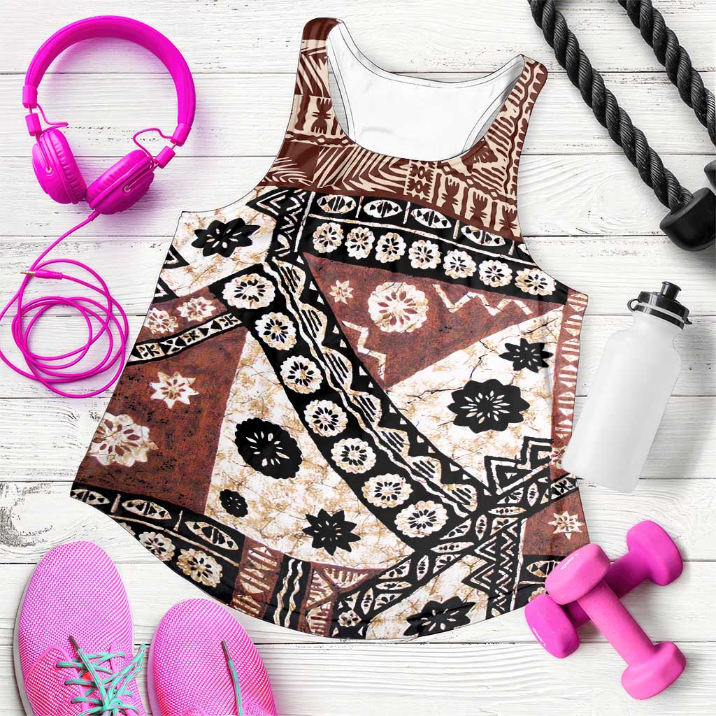 Brown Bula Fiji Women Racerback Tank Unique Masi Tapa Pattern - Polynesian Pride