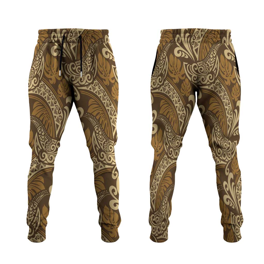 Brown Gold Monstera Jogger Pants Polynesian Tribal Pattern LT01 Gold - Polynesian Pride