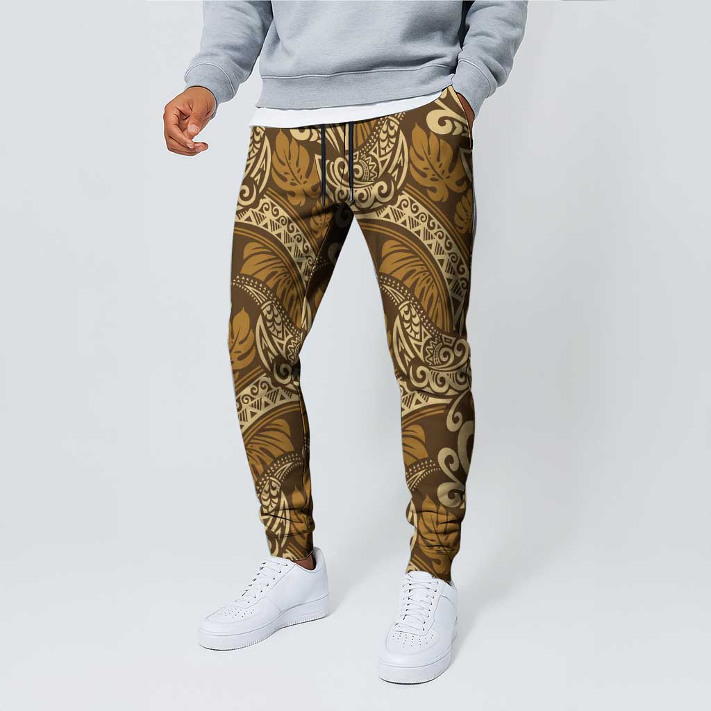 Brown Gold Monstera Jogger Pants Polynesian Tribal Pattern LT01 - Polynesian Pride