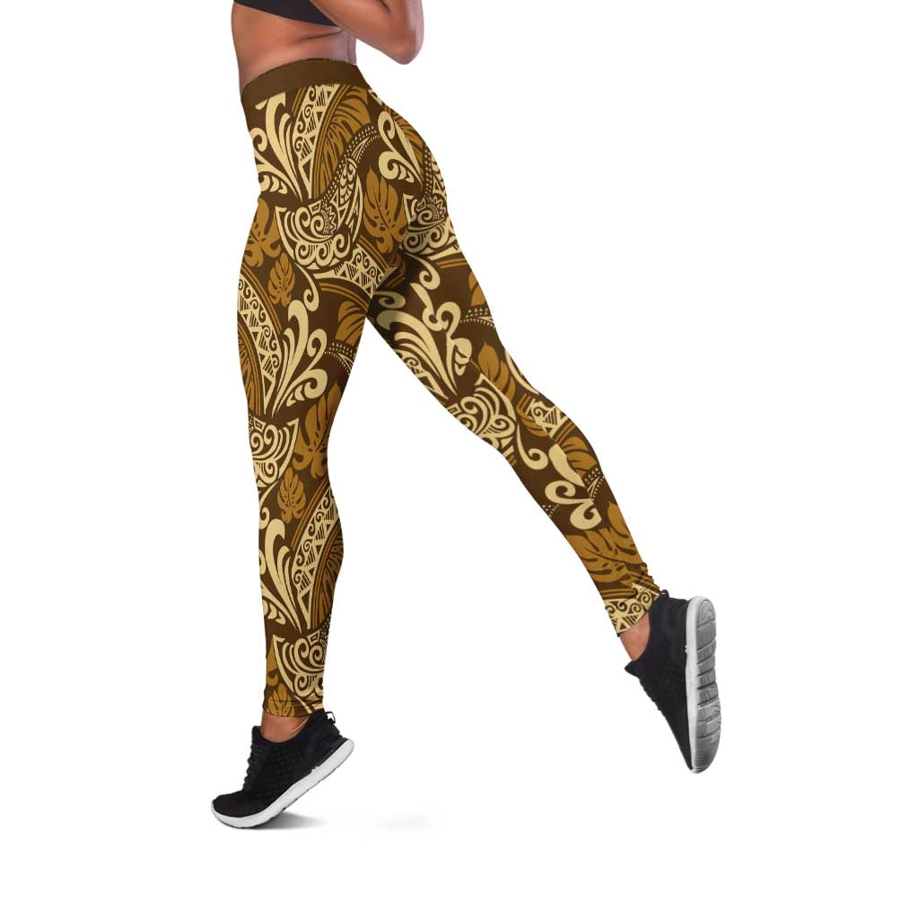Brown Gold Monstera Leggings Polynesian Tribal Pattern LT01 Gold - Polynesian Pride