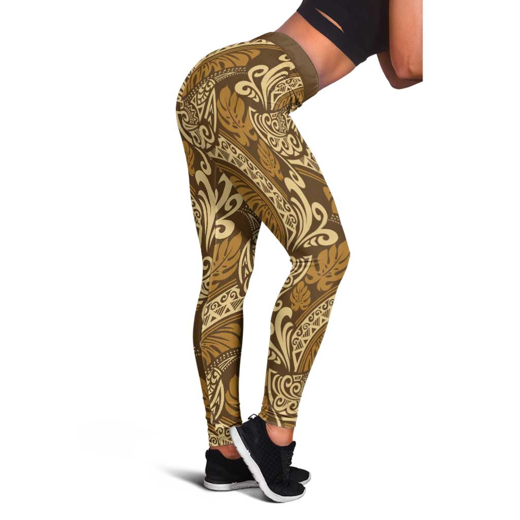 Brown Gold Monstera Leggings Polynesian Tribal Pattern LT01 - Polynesian Pride